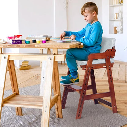 Ezebaby Wooden High Chair for Toddlers to Teens, Adjustable Kids Study Chair with Steps, Kids Dining Chair with Removable Cushion (Nut-Brown)