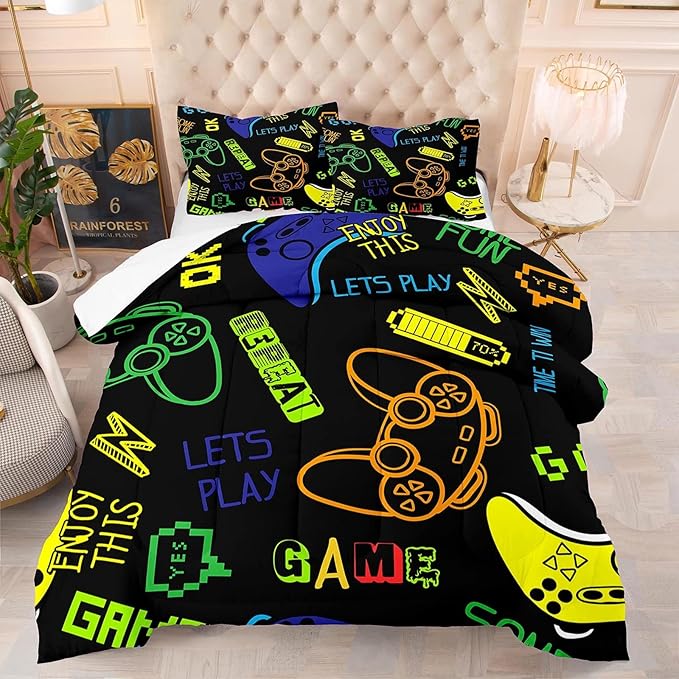 Game Console Comforter Set Twin Size for Boys Girls Kids 3D Gaming Lightweight Microfiber Quilts Gamer Video Bedding Sets Game Room Decor (Color 3,Twin)
