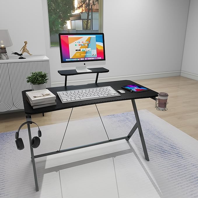 45IN Gaming Desk Gamer Table Carbon Fiber Surface Computer Table Gamer Desk with Monitor Shelf Office Home Study Desk Work PC Table Steel Legs Corner Desk Black