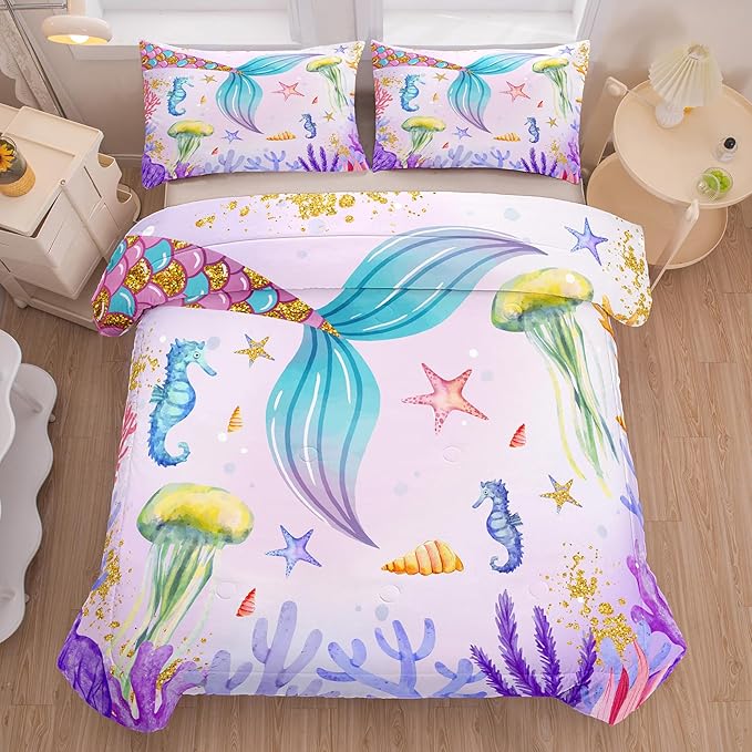 NINENINE Girls Mermaid Bedding Set,Mermaid Tail Comforter Set,Twin Size Bedding Sets for Girls,Princess Toddler Bedding Sets for Girls with 1 Comforter 1 Pillowcase…