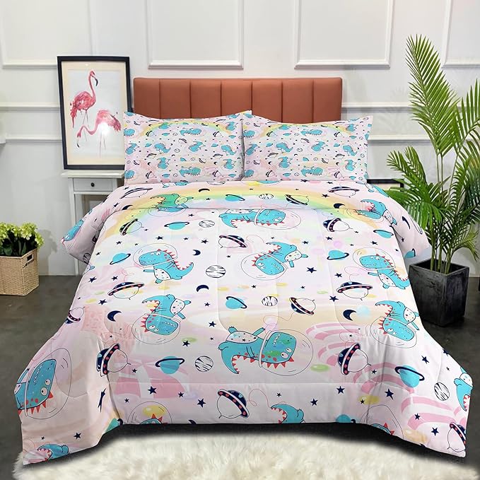 NINENINE Pink Dinosaur Comforter Set Colorful Rainbow Castle UFO Space Theme Bedding, Twin Comforter Sets for Boys Girls Kawaii Bedding Set with 1 Comforter 1 Pillowcase
