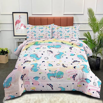 NINENINE Pink Dinosaur Comforter Set Colorful Rainbow Castle UFO Space Theme Bedding, Twin Comforter Sets for Boys Girls Kawaii Bedding Set with 1 Comforter 1 Pillowcase