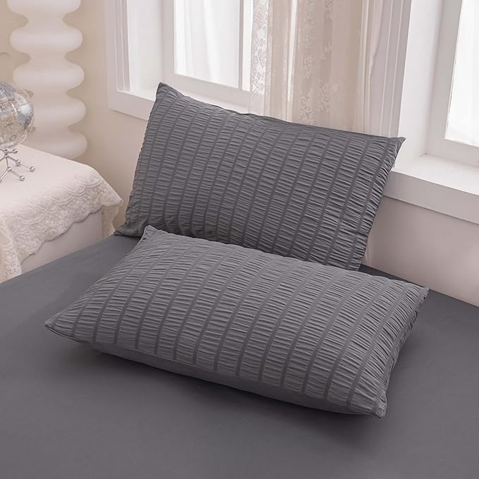 Grey Queen Size Comforter Sets for Boys Men Boho Dark Grey Seersucker Bedding Set 5 Pieces-Microfiber Lightweight All Season Comforter Set for Bedding(90x90In Comforter)