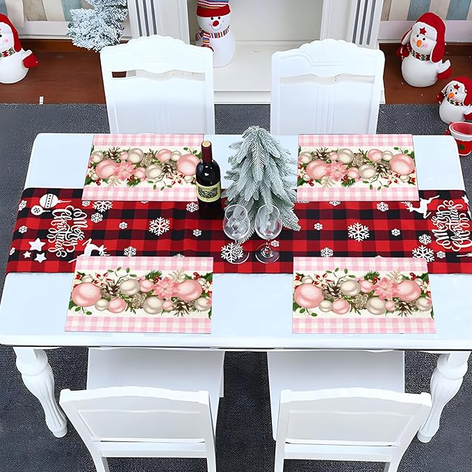 Nepnuser Pink and White Gingham Christmas Placemats Set of 4 Buffalo Check Plaid Xmas Decoration for Home Kitchen Dining Table Decoration