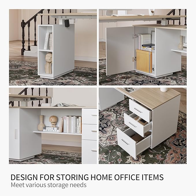 FEZIBO 63" L Shaped Executive Standing Desk with 3-Drawer File Cabinet, Electric Height Adjustable Stand up Desk for Home Office, Computer Desk with Storage Cabinets, White Frame Light Walnut Top
