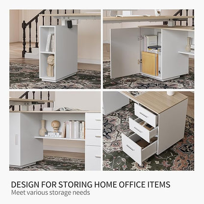 FEZIBO 63" L Shaped Executive Standing Desk with 3-Drawer File Cabinet, Electric Height Adjustable Stand up Desk for Home Office, Computer Desk with Storage Cabinets, White Frame Light Walnut Top