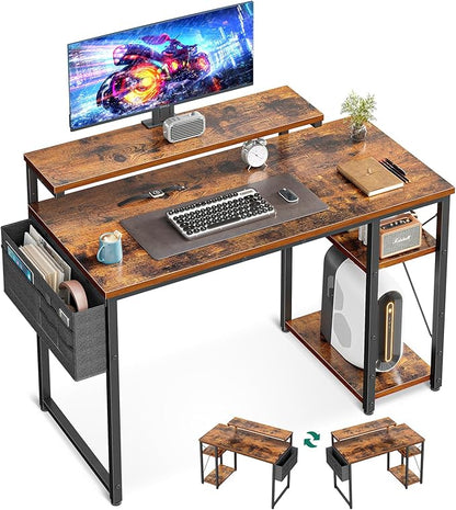 AODK 40 Inch Computer Desk with Adjustable Monitor Stand, Work Writing Desk with Shelves, PC Desk Workstation, Vintage Home Office Desk