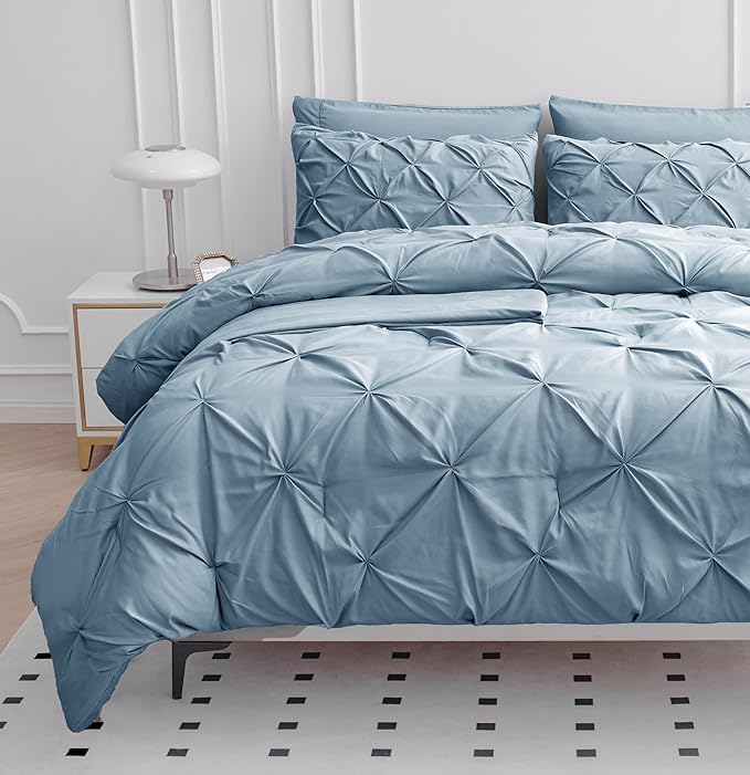 LANE LINEN Comforters Queen Size, 7 Piece Queen Comforter Set, Soft Queen Size Comforter Sets, Pintuck Queen Bed Set, Fluffy Comforters Queen Size Set with Sheets, Pillowcases & Shams - French Blue