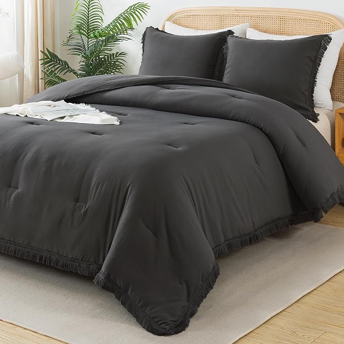 Andency California King Comforter Set Dark Grey - 3 Pieces Cal King Boho Lightweight Bedding Comforter Sets, Oversized All Season Tassel Soft Fluffy Bed Set (104x96In Comforter & 2 Pillowcases)