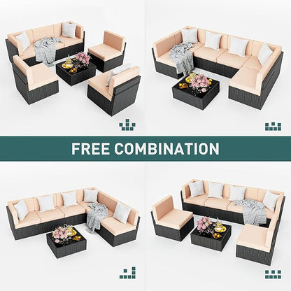 Pamapic 7 Pieces Outdoor Sectional Furniture，Wicker patio sectional furniture sets，All-Weather Rattan Sectional Sofa Conversation Set with Coffee Table and Washable Couch Cushions Covers