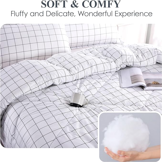 Andency White Grid Comforter Set Twin Size (66x90 Inch), 2 Pieces(1 Grid Comforter and 1 Pillowcase), Summer Lightweight Microfiber Down Alternative White Comforter with Black Lines for Kids Girls