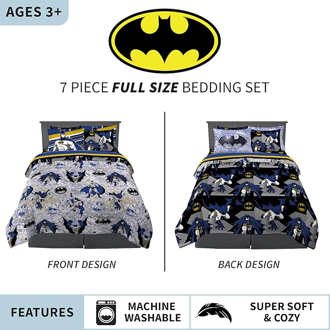 Franco Kids Bedding Super Soft Comforter and Sheet Set with Sham, 7 Piece Full Size, Batman