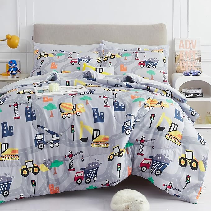 Mooreeke Bed in a Bag for Kids Boys Teens, 8 Pieces Full Size Comforter Bed Set with Shams, Sheet Set and Decorative Toy Pillow, Excavator Super Soft Microfiber Kids Comforter Bedding Set