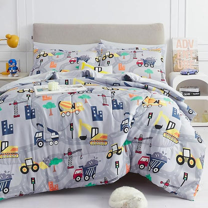 Mooreeke Bed in a Bag for Kids Boys Teens, 8 Pieces Full Size Comforter Bed Set with Shams, Sheet Set and Decorative Toy Pillow, Excavator Super Soft Microfiber Kids Comforter Bedding Set
