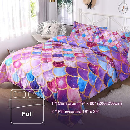 ENCOFT Girls Comforter Sets Full Size, Pink and Purple 3D Mermaid Scale Comforter Set 3 Pieces with Pillow Shams, No Sheet, Full Size Kids Bedding Set, Girls Bedroom Decor