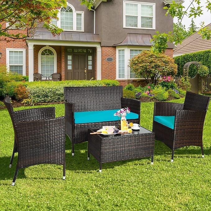 LUARANE 4-Piece Rattan Patio Furniture Set, Outdoor Wicker Sofa Couch Table Set, w/Thick Seat Cushions Tempered Glass Coffee Table, Conversation Set for Lawn Garden Poolside Backyard (Turquoise)