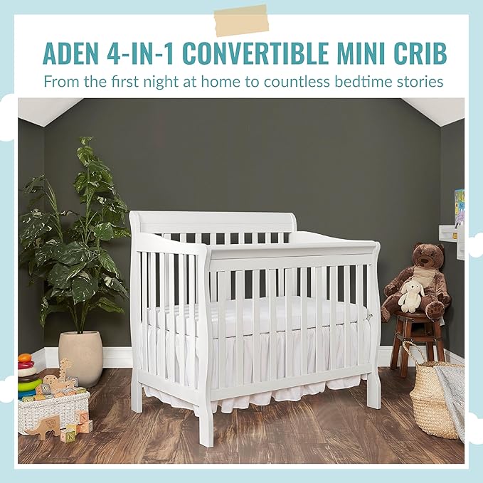 Aden 4-in-1 Convertible Mini Crib In White, Greenguard Gold Certified, Non-Toxic Finish, New Zealand Pinewood, With 3 Mattress Height Settings