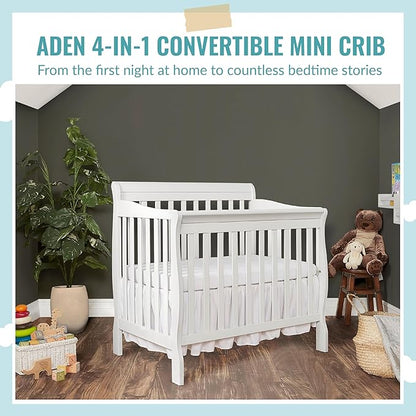 Aden 4-in-1 Convertible Mini Crib In White, Greenguard Gold Certified, Non-Toxic Finish, New Zealand Pinewood, With 3 Mattress Height Settings