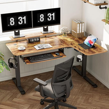 EUREKA ERGONOMIC Standing Desk with Keyboard Tray, Computer Desk, 61" L Shaped Electric Adjustable Height Desk w Monitor Stand LED, Corner Sit Stand Desk Gaming Desk, Dual Motor,Right/Rustic Brown