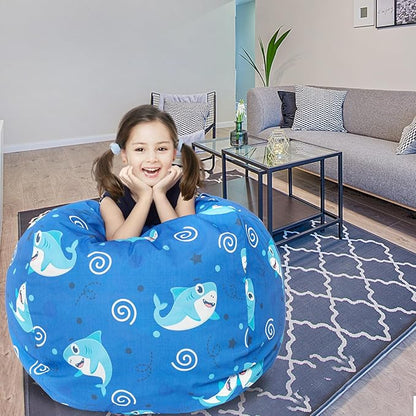 Stuffed Animal Storage Bean Bag Chair Cover, Hold Kids Plush Toys Blankets Towels Beanbag (Cover Only), Canvas Floor Circle Stuff Sit Seat Sofa with YKK Zipper, Extra Large 38", Blue Shark
