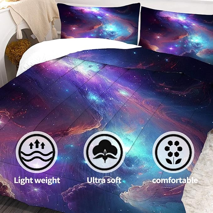 Galaxy Bedding Set Twin Size Blue Purple Outer Space Comforter Sets for Girls Boys Kids Teens Women Starry Glitter Nebula Quilt 1 Comforter + 1 Pillow Case