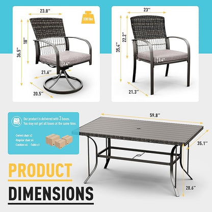 Pamapic 7 Piece Patio Dining Set for 6,Wicker Outdoor Furniture Set for Backyard Garden Deck Poolside with Iron Slats Table Top,4 Dining Chairs and 2 Swivel Rockers,Removable Cushions(Gray)