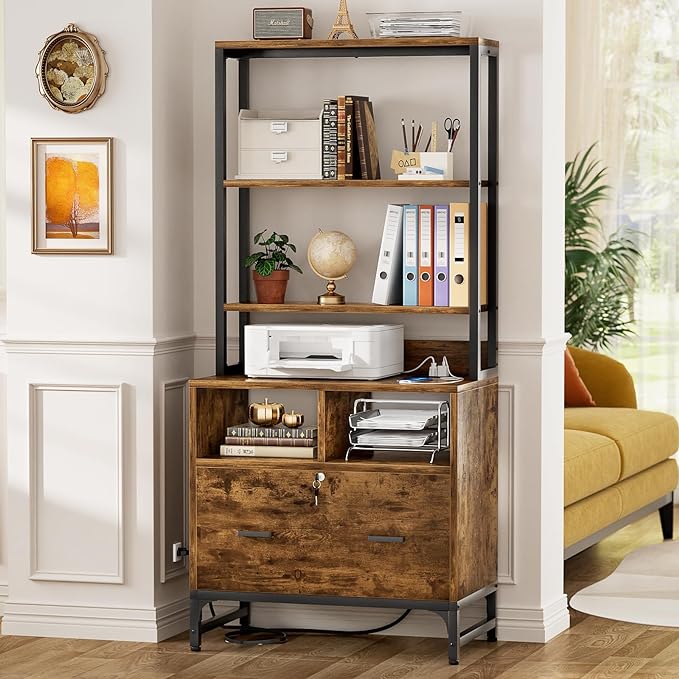 Homieasy File Cabinet with Charging Station, Vertical Filing Cabinet with Lock & Large Drawer, Printer Stand with Storage Shelves, Office Storage Cabinet fits Letter/A4/Legal Size,Rustic Brown