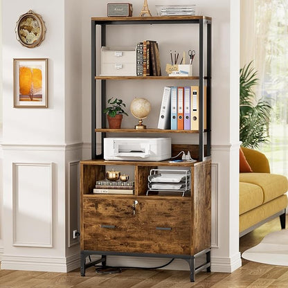 Homieasy File Cabinet with Charging Station, Vertical Filing Cabinet with Lock & Large Drawer, Printer Stand with Storage Shelves, Office Storage Cabinet fits Letter/A4/Legal Size,Rustic Brown