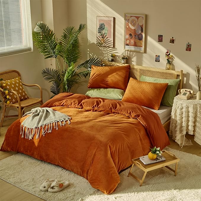 Burnt Orange Color Velvet Comforter Set Full Solid Rust Color Flannel Velvet Bedding Comforter Set All Caramel Colour 3 PCs Shaggy Soft Warm and Durable Flannel Blanket Full