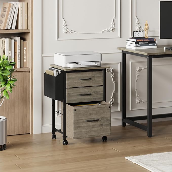 3 Drawer File Cabinet with 18'' Extended Board, Fabric Drawer, Mobile Filing Cabinet Fits A4/Letter Size Files, Rolling Printer Stand with Storage Bag, File Cabinet for Home Office, Grey