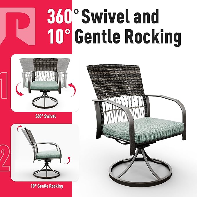 Pamapic 7 Piece Patio Dining Set for 6,Outdoor Wicker Furniture Set for Backyard Garden Deck Poolside with 4 Dining Chairs and 2 Swivel Rockers,Iron Slats Table Top, Removable Cushions(Green)