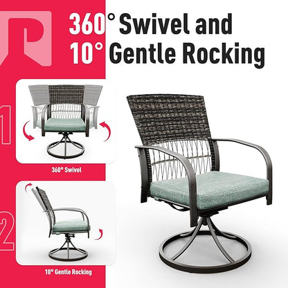 Pamapic 7 Piece Patio Dining Set for 6,Outdoor Wicker Furniture Set for Backyard Garden Deck Poolside with 4 Dining Chairs and 2 Swivel Rockers,Iron Slats Table Top, Removable Cushions(Green)