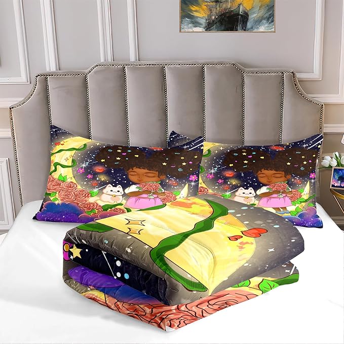 3Pcs Black Girl Bedding Set - Black Girl Twin Bedding Set for Girls, Ultra Soft Microfiber African Black Girls Room Set, Black Girls Twin Comforter Set for Girls, Full (1 Comforter 1 Pillowcases)