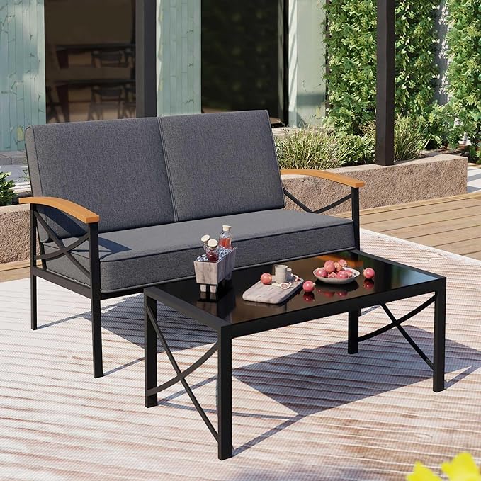 Shintenchi 2 Piece Outdoor Patio Furniture Set, Metal Sofa Chair Conversation Set, Including Loveseat and Coffee Table for Backyard, Patio, Balcony, Poolside (Dark Grey)