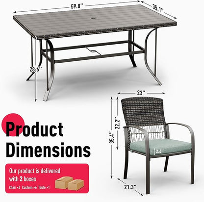 Pamapic Patio Dining Table Set, Outdoor Dining Set 7 Piece, Outdoor Wicker Furniture Set with Removable Cushions for Backyard Garden Deck/Iron Slats Table Top(Green)