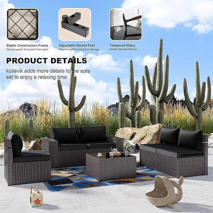Kullavik 13PCS Outdoor Patio Furniture Set with 43" 55000BTU Gas Propane Fire Pit Table PE Wicker Rattan Sectional Sofa Patio Conversation Sets,Black