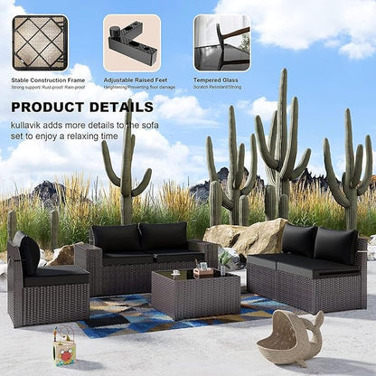 Kullavik 13PCS Outdoor Patio Furniture Set with 43" 55000BTU Gas Propane Fire Pit Table PE Wicker Rattan Sectional Sofa Patio Conversation Sets,Black