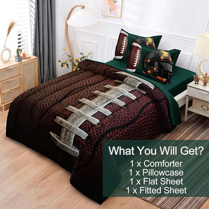 Teen Boy Football Bedding Set Twin Size, 4 Pieces American Football Comforter Set Twin, Kids Sports Bedding Bed in a Bag Set, Green Brown