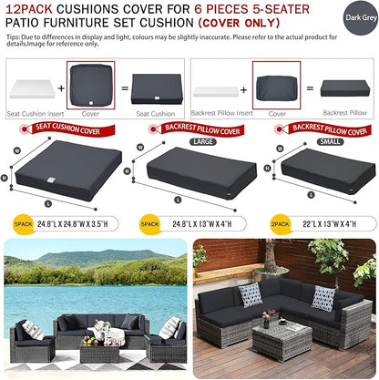 ClawsCover 12Pack Outdoor Seat and Back Cushions Replacement Covers Fit for 6Pieces 5-Seater Wicker Rattan Patio Furniture Conversation Set Sectional Couch Chairs,Dark Grey-Include Cover Only