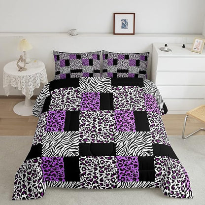 Erosebridal Purple Leopard Bedding Set Patchwork Cheetah Print Comforter Sets King Size for Girls Teens Adults Women Bedroom Black Zebra Pattern Duvet Sets Animal Skin Down Comforter 2 Piece