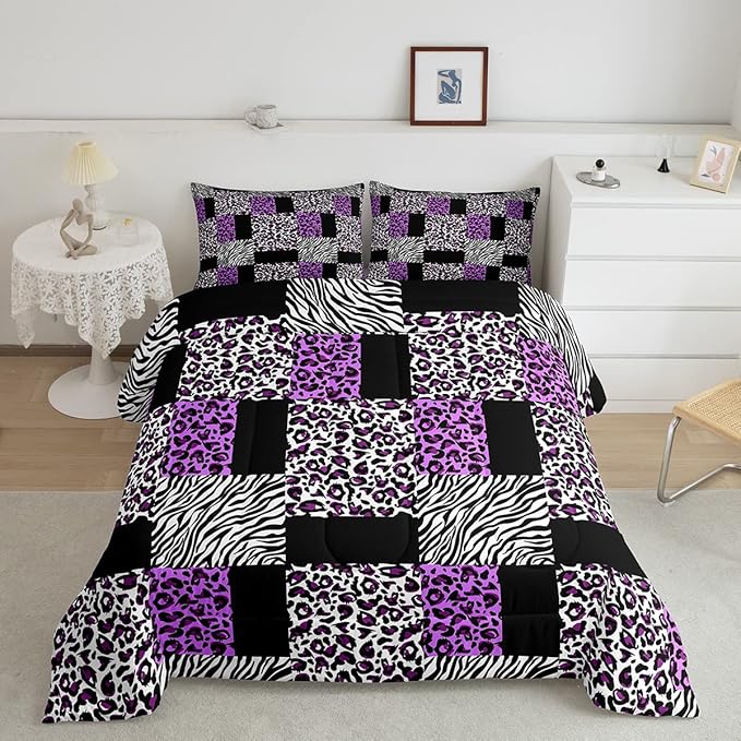 Erosebridal Twin Size Cheetah Bedding Sets for Girls,Patchwork Zebra Leopard Black Purple Comforter Set for Kids Women,Black White Stripes Checkered Quilt Comforter Wild Animal Bedroom Decor 2 Pcs