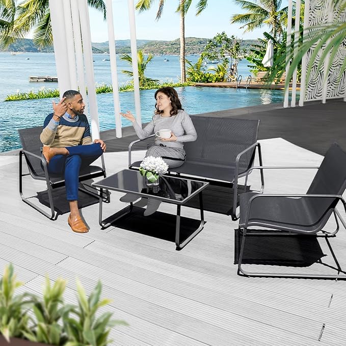 4 Pieces Patio Furniture Set Outdoor Patio Conversation Sets Poolside Lawn Chairs with Glass Coffee Table Porch Furniture for Courtyard, Garden and Balcony (Black)