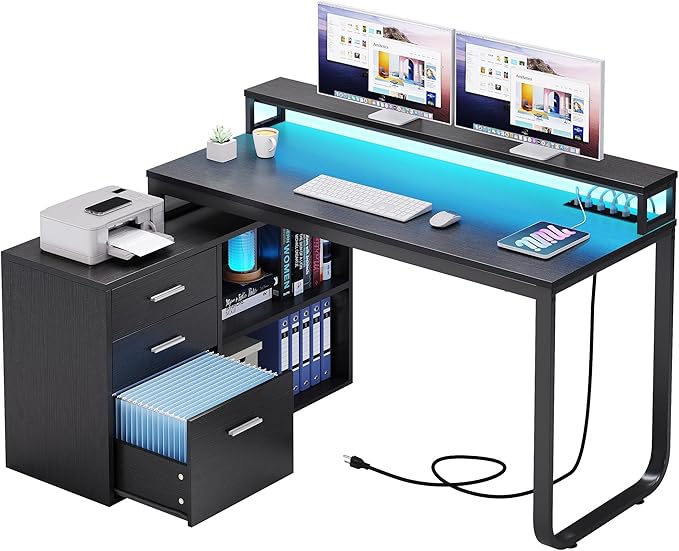 YITAHOME L Shaped Desk with Power Outlets & LED Lights & File Cabinet, 55" Corner Computer Desk with 3 Drawers and 2 Storage Shelves, Home Office Desk with Monitor Stand, Black