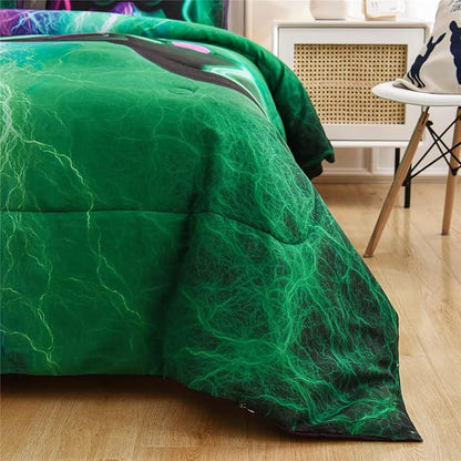 Meeting Story Gamer Gaming Bedding Sets Red Blue Lightnings Gamepad Comforter Set for Boys Games Console Action Buttons Novelty Colorful Modern Room Decor Home Quilt Set (Green-Purple, Full)