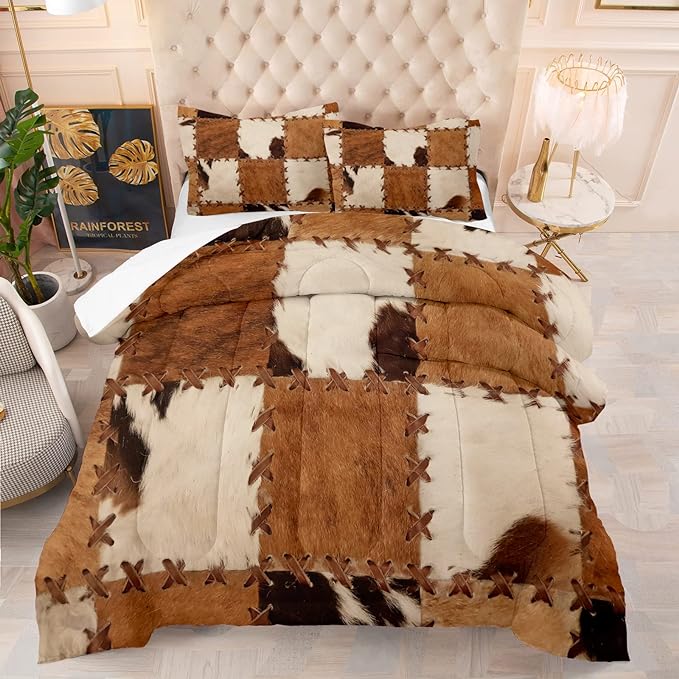 Tailor Shop Brown Cow Print Comforter Set Queen, Farmhouse Cow Print Bedding in A Bag, Leather Stitching Rustic Cowhide Comforter with 2 Matching Pillowcases Bedroom Decor………