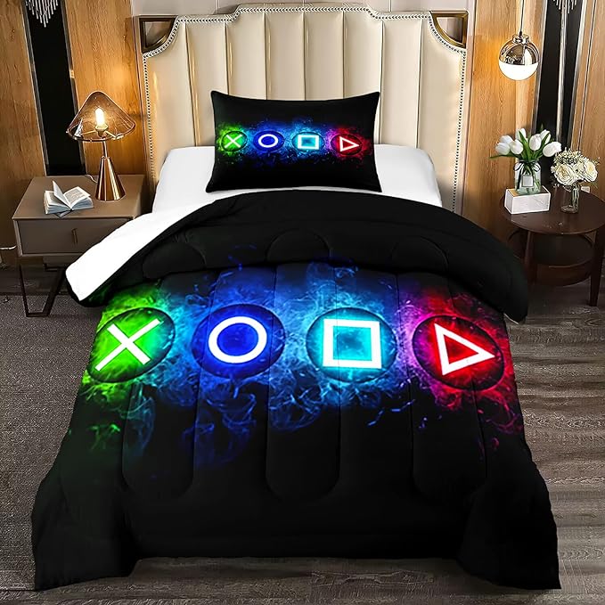 Gamer Comforter Sets for Boys, Twin Gaming Bedding Sets for Boys, Black Video Game Gamepad Twin Bed Sets for Boys Kids Bedroom Home Decor, 1 Comforter and 1 Pillowcase