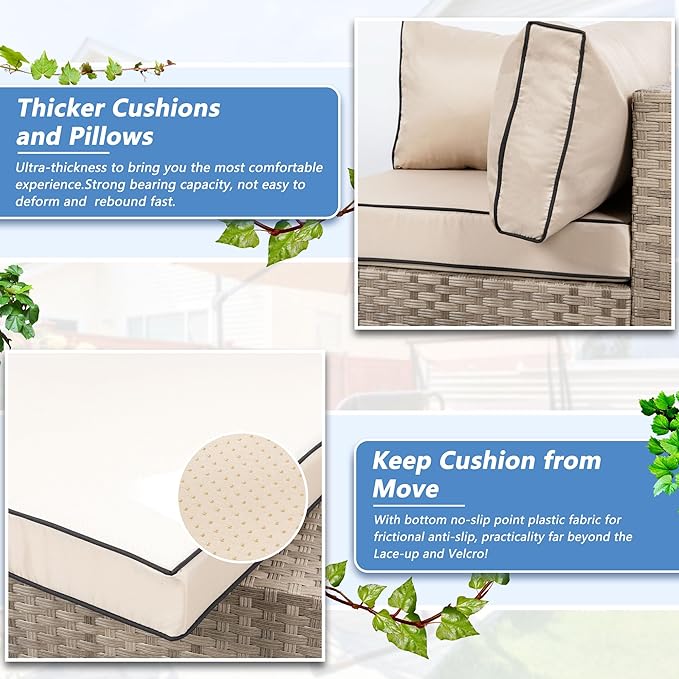 Shintenchi 7 Pieces Outdoor Patio Sectional Sofa Couch,Natural PE Wicker Furniture Conversation Sets with Washable Cushions & Glass Coffee Table for Garden, Poolside, Backyard (Khaki)