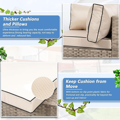 Shintenchi 7 Pieces Outdoor Patio Sectional Sofa Couch,Natural PE Wicker Furniture Conversation Sets with Washable Cushions & Glass Coffee Table for Garden, Poolside, Backyard (Khaki)