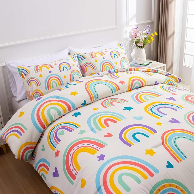 Btargot 3 Piece Kids Rainbow Comforter Set with 2 Pillow Covers, Cartoon Love Hearts Suns and Stars Bedding Set for Girls Boys Kids, Queen Beige