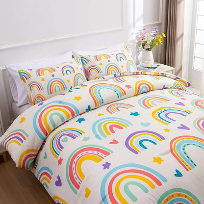 Btargot 3 Piece Kids Rainbow Comforter Set with 2 Pillow Covers, Cartoon Love Hearts Suns and Stars Bedding Set for Girls Boys Kids, Queen Beige